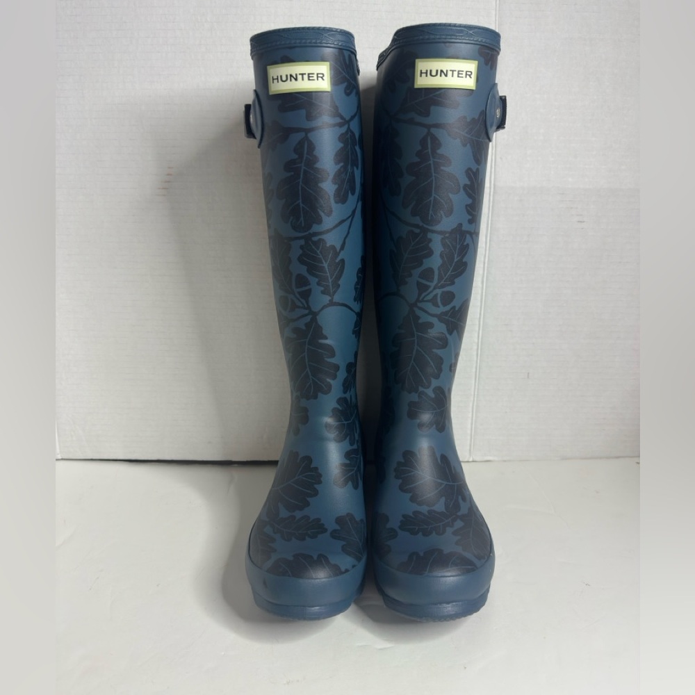 SOLD!Hunter Wms National Trust Print Norris Blue Leaf Pattern Field Rain Boots 7 - Picture 2 of 9